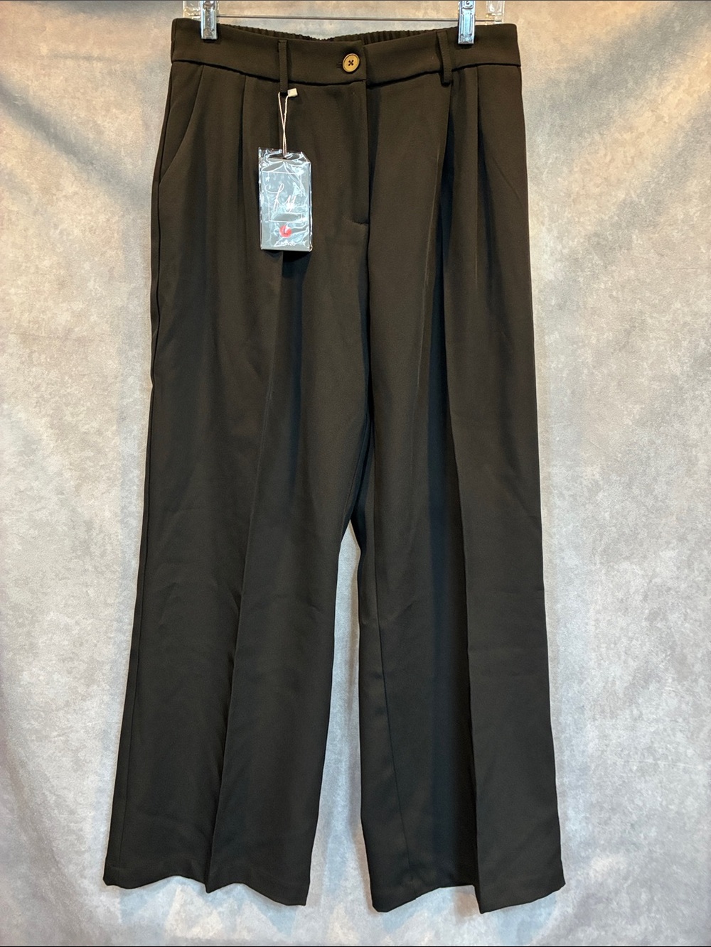 Wide Leg Black Women's Trousers with Front Pleats - Picture 1 of 6